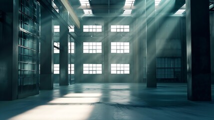 Empty building background. Empty industrial building. Empty industrial room background. Building with metal walls. Place for warehouse or production. Hangar with square windows. 3d ima : Generative AI