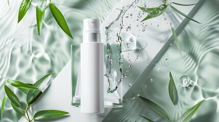 Top view mockup facial skincare white tube product bottle blank label with wet water splash on transparent line shape acrylic display panel texture background Skin routine for dry sens : Generative AI - obrazy, fototapety, plakaty
