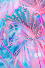 A tropical palm leaves in pink and blue with a colorful lightbackground. Holographic pop art...