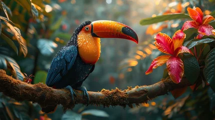 Poster Colorful toucan sits gracefully on a jungle branch, surrounded by lush foliage © fajar