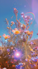 Fototapeta na wymiar Bouquet of wild flowers infront of sky and stars art wallpaper. Light violet and light pink iridescence/opalescence colors. Retro summer aesthetic.