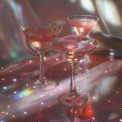 A few cocktails on table, summer night background. 80s, 90s sparkles and glitter aesthetic. Dark red and light gray, pastel dreamy colors. Rim light.