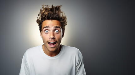 Fototapeta premium a young man in casual dress looking camera with excited look and humorous distortions on white background