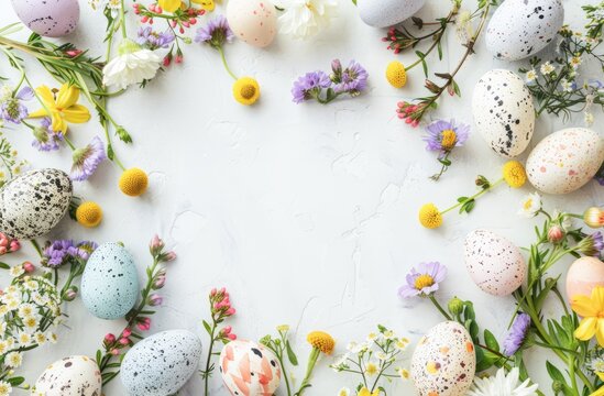 Colorful Easter Eggs and Spring Flowers Arranged on a White Background