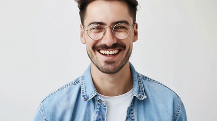 Waist up shot of handsome self confident cheerful male entrepreneur has broad smile wears round transparent glasses happy to meet with colleague dressed in fashionable denim shirt isol : Generative AI - obrazy, fototapety, plakaty