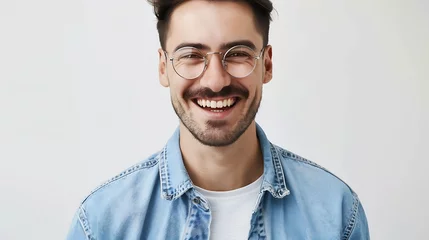 Fotobehang Waist up shot of handsome self confident cheerful male entrepreneur has broad smile wears round transparent glasses happy to meet with colleague dressed in fashionable denim shirt isol : Generative AI © Generative AI