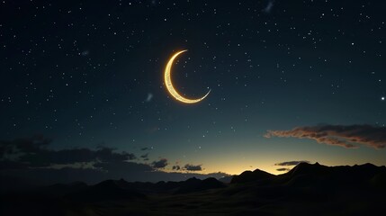  Starry Night with Glowing Islamic Crescent - Ramadan
