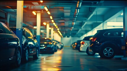 Many cars in parking garage interior, industrial building. Vintage filter effect. : Generative AI - obrazy, fototapety, plakaty