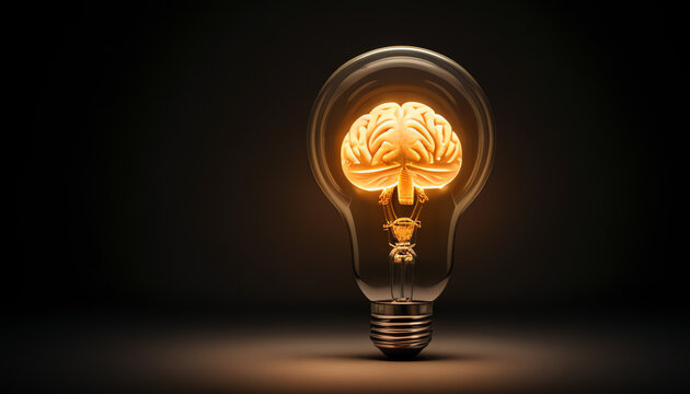 Creative colorful bulb and brain concept on light black background. Idea generation and innovation theme. thinking concept.