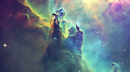 The Eagle Nebulaas Pillars of Creation This image shows the pillars as seen in visible light capturing the multicoloured glow of gas clouds in deep space Elements of this image are fur : Generative AI