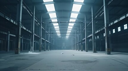 empty steel structure building, abandoned factory workshop or warehouse background : Generative AI