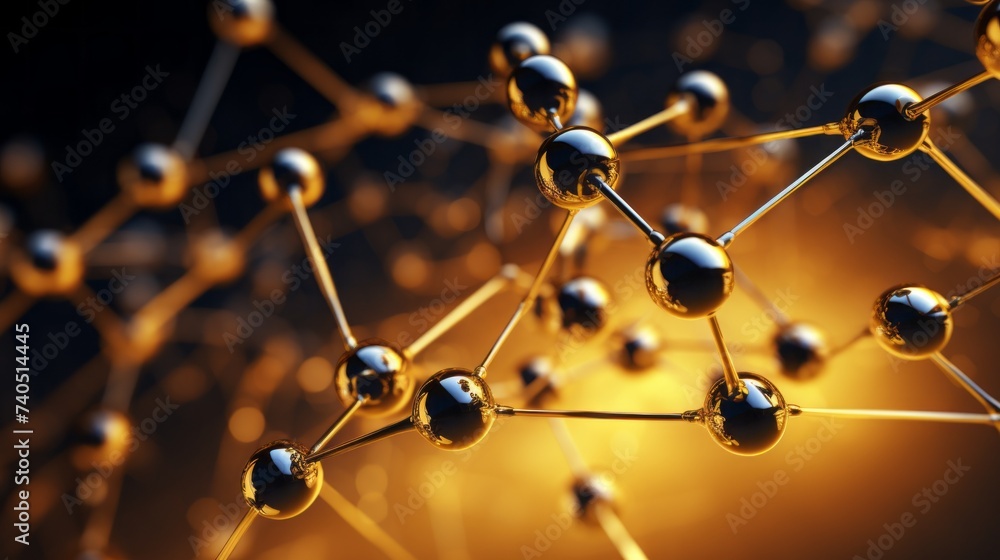 Poster Abstract close-up photo of a golden structure of a molecule with atoms, neural connections under a microscope. Genetics, Biotechnology, Microbiology, Scientific Technologies, Medicine concepts.
