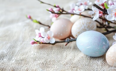 Obraz na płótnie Canvas Pastel Easter Eggs Delicately Placed Among Flowering Branches on a Burlap Surface