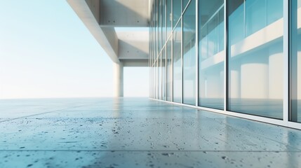 Fototapeta premium Perspective view of empty cement floor with steel and glass modern building exterior . 3D rendering and real images mixed media . : Generative AI