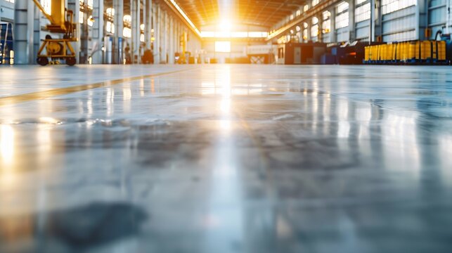 Industrial building or modern factory for manufacturing production plant or large warehouse, Polished concrete floor clean condition and space for industry product display or industry  : Generative AI