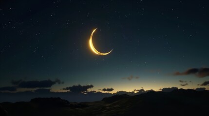 Obraz na płótnie Canvas Starry Night with Glowing Islamic Crescent - Ramadan