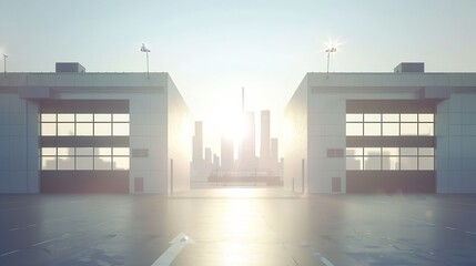 Industrial area. Two new hangars in industrial area. Visualization of industrial buildings summer day. Three-dimensional hangars with square windows. City silhouette behind buildings.  : Generative AI