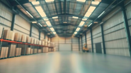 Warehouse interior blurred. Empty warehouse without anyone. Old warehouse interior without shelving. Spacious hangar with metal roof. Storage room with forklift. Rental industrial prem : Generative AI - obrazy, fototapety, plakaty
