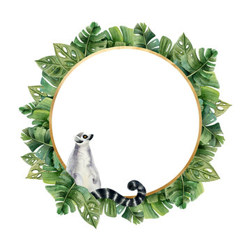Ring tailed lemur monkey with tropical palm leaves round frame with copy space for text watercolor illustration isolated on white background with jungle forest nature and exotic plants