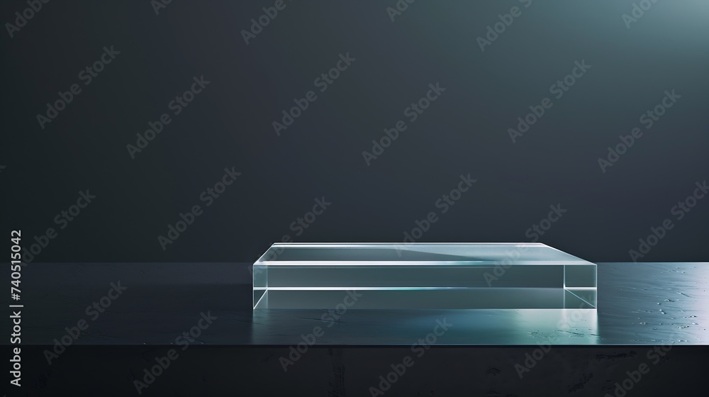 Poster stylish glass pedestal stage or platform on a black background mockup scene made with acrylic blocks