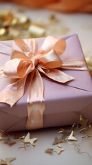 Embellished Gift Wrapped in Shiny Paper with Textured Background and Delicate Ribbon