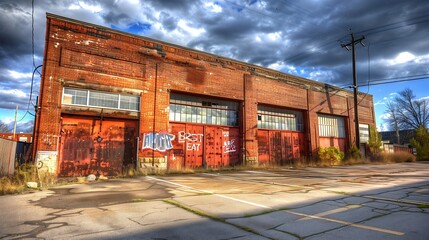Old, grungy industrial building in a rust belt community. Old buildings in former auto factory towns are becoming run down and blighted eye sores. : Generative AI