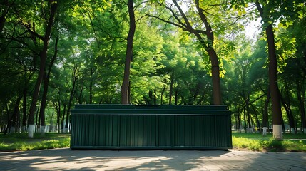 empty large green metal container for construction or other large-sized garbage against background of trees in park. Concept of environmental protection : Generative AI - obrazy, fototapety, plakaty