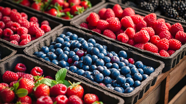 Assorted Berries and Strawberries Displayed in Trays