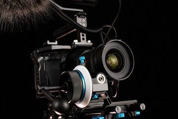 Movie camera with follow focus close-up