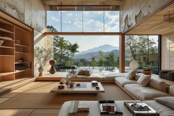 modern living room in Japanese style with forest and mountain background