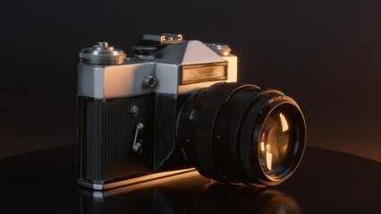 Old film camera in golden light