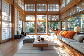 modern living room in Japanese style with sunlight and garden in the background - obrazy, fototapety, plakaty