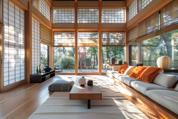 Poster modern living room in Japanese style with sunlight and garden in the background © Utha Design