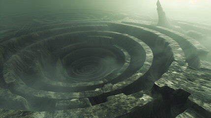A labyrinth of metallic tendrils swirling through a misty abyss - obrazy, fototapety, plakaty