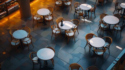 Fototapeta na wymiar Empty round tables and chairs at a food court in a shopping mall. View from above. : Generative AI