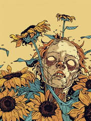 illustration of an empty face surrounded by sunflowers 