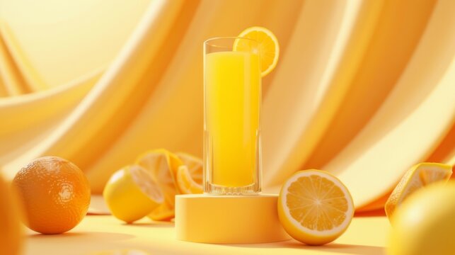 A glass of fresh orange juice on a podium on a yellow background. Yellow liquid in a glass glass.