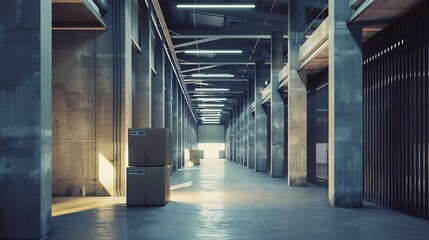 Warehouse or industry building interior. known as distribution center, retail warehouse. Part of storage and shipping system. Included box package on shelf, empty space and concrete fl : Generative AI - obrazy, fototapety, plakaty