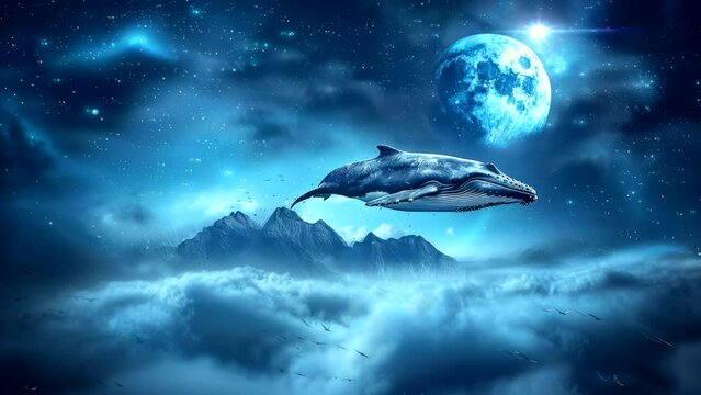 a whale floating in the sky with a beautiful view of the moon. Seamless looping time-lapse virtual 4k video animation background