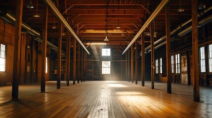 An interior shot of an old, historic empty warehouse/factory, with exposed ducts and hardwood floors. : Generative AI