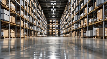 Warehouse or industry building interior. known as distribution center, retail warehouse. Part of storage and shipping system. Included box package on shelf, empty space and concrete fl : Generative AI - obrazy, fototapety, plakaty