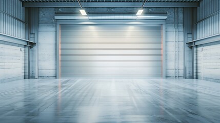 Factory or warehouse or industrial building. Protection with roller door or roller shutter. Modern interior design with concrete floor, steel wall and empty space for industry backgrou : Generative AI