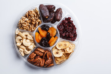 Dried fruits and nuts on a plate to celebrate the Jewish holiday Tu Bi Shvat.