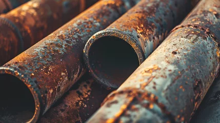  An aerial close-up of the rusting pipes of an old abandoned factory on a sunny day. : Generative AI © Generative AI