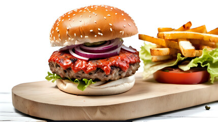 Meat burger on wooden board, white background