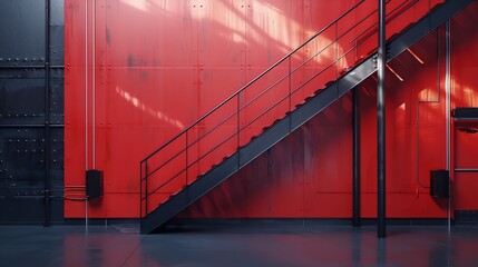 Industrial building interior with red wall and black, metal staircase : Generative AI