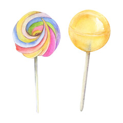 Candy lollypop stick watercolor drawing set. Sweet suckers sugar pops treat. Confection drop bonbon tea. Sugar tasty dessert decoration isolated on white background