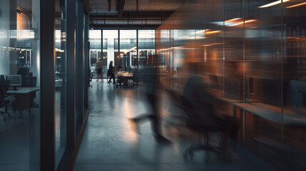 Fototapeta premium Employees in a contemporary office space. In a modern office setting with dynamic motion blur, business professionals collaborate in a shared workspace