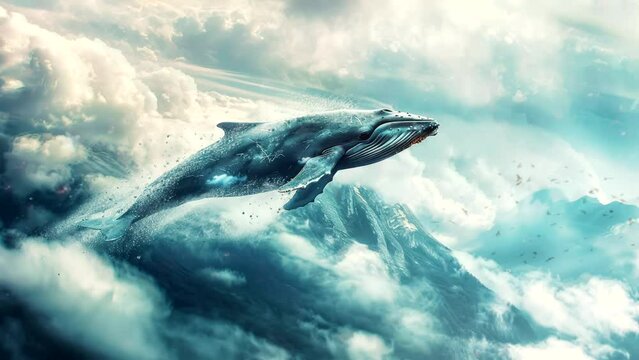 whale flying over cloudy mountains. Seamless looping time-lapse virtual 4k video animation background