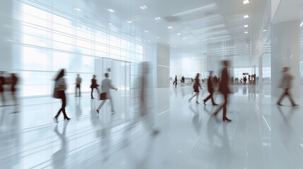 Employees in a contemporary office space. In a modern office setting with dynamic motion blur, business professionals collaborate in a shared workspace